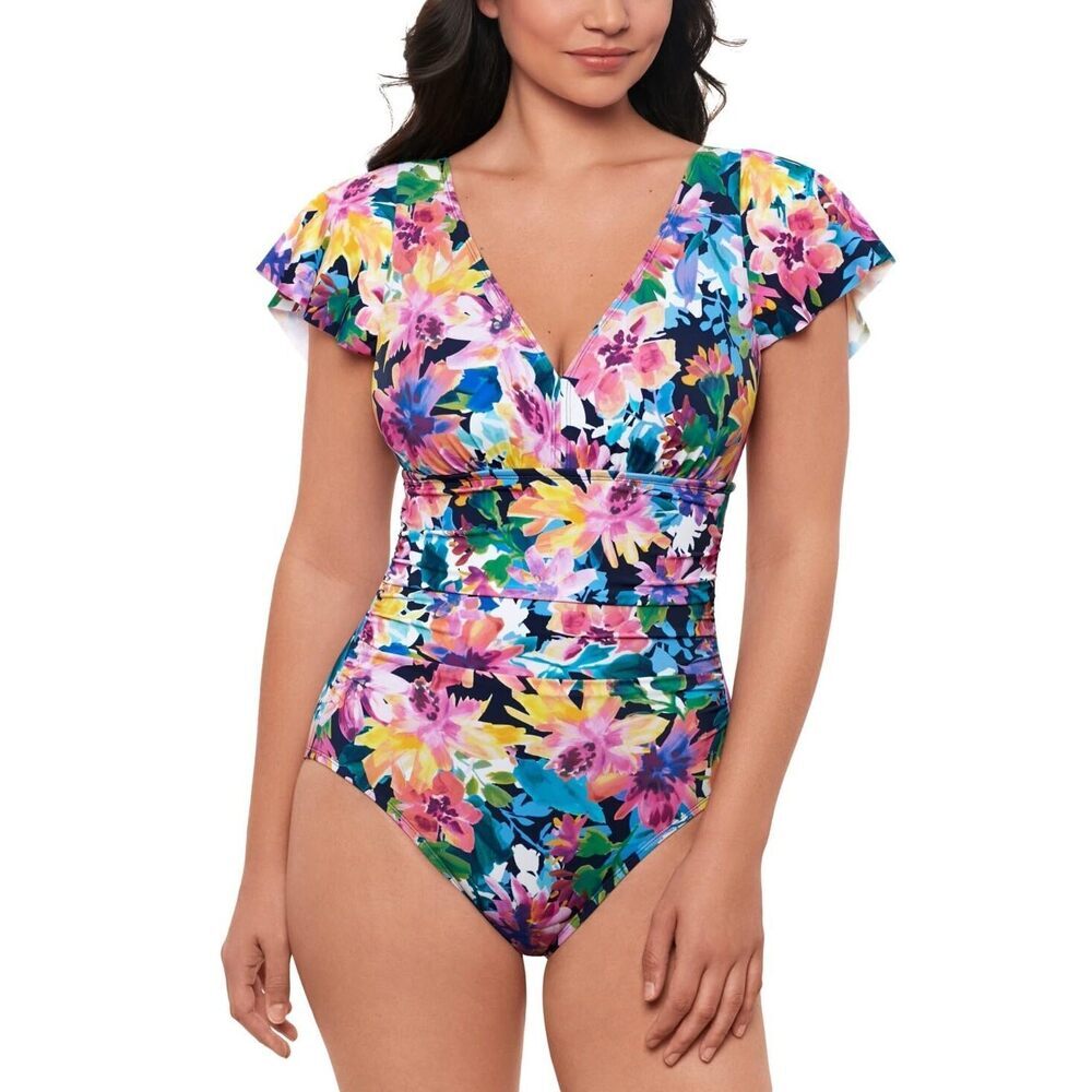 Swim Solutions Flutter-Sleeve Multicolor One-Piece Swimsuit Floral Print 14 - Picture 1 of 3